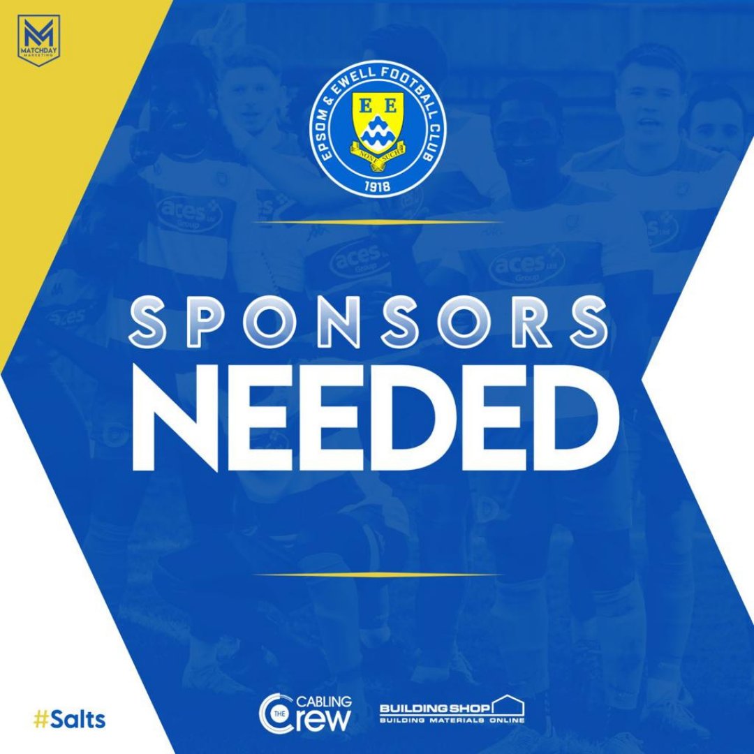 SPONSORS NEEDED!

We are still looking for sponsors for many areas of our club, including match days, playing kits and much more.

Get in touch for a personalised package!

#WeAreEpsom | #Salts
