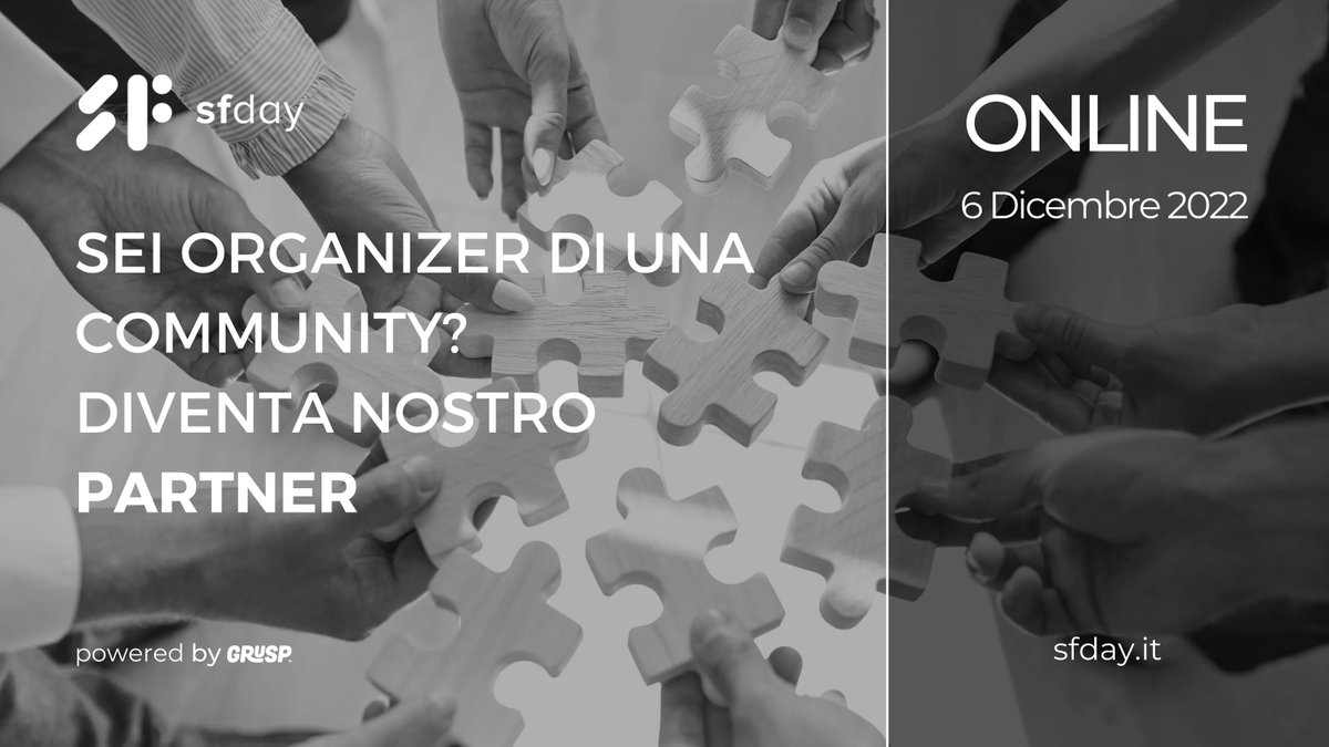 Sei organizer di una community?

Diventa nostro partner per ricevere sconti e biglietti gratuiti da poter condividere ai membri!
Qui tutti i dettagli: buff.ly/3eAFYvO 

Ci vediamo 📍 Online il 📅 06.12.22 
🎫 buff.ly/3L3ki84 

<a href="/grusp/">GrUSP</a> #sfday #symfony #php