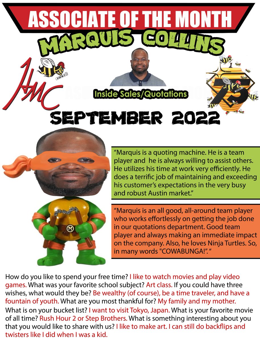 HMC Associate of The Month - September 2022 - Marquis Collins - Commercial Quotations

#HMC #HughMCunninghamCompanies #AOM #busybee #beehive