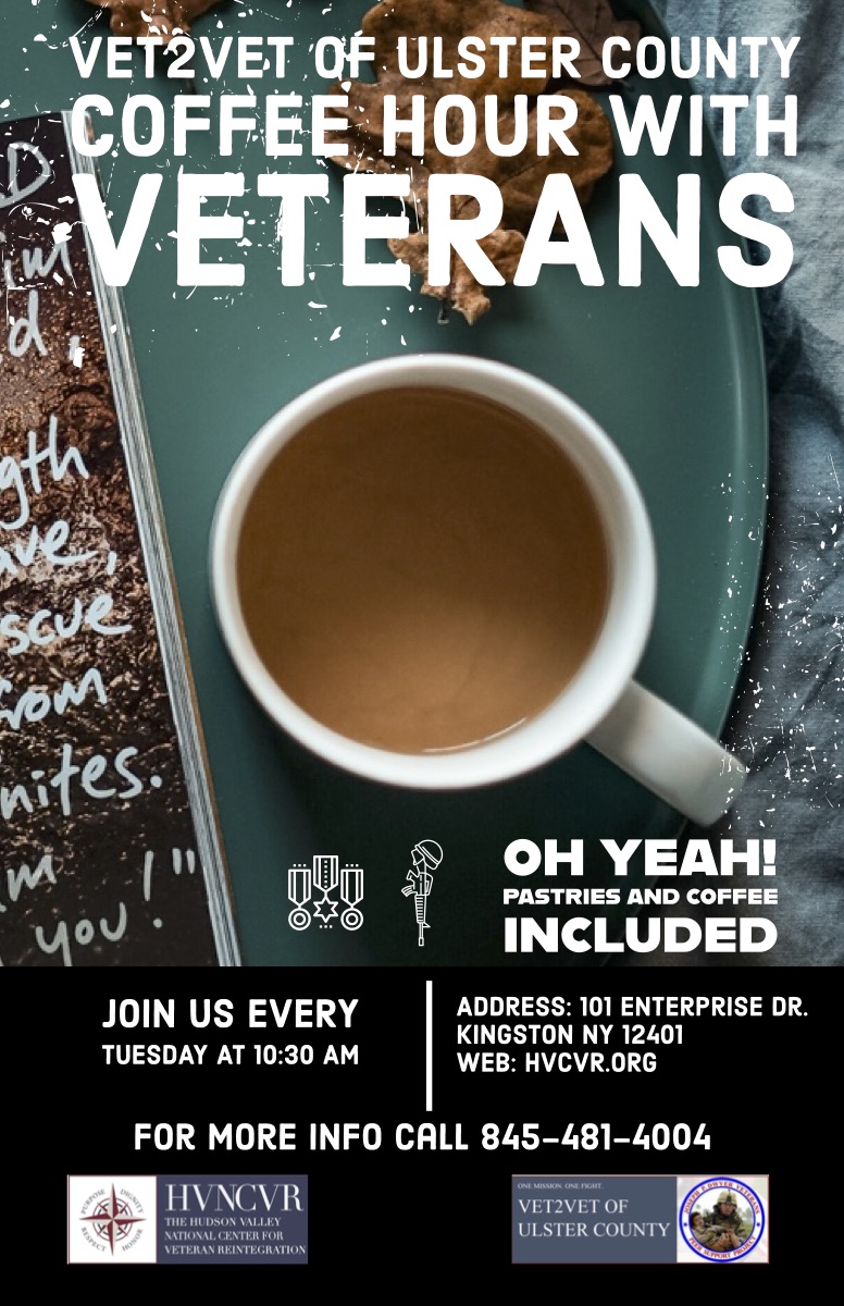 hvncvr's tweet photo. Don't forget that every Tuesday at 10:30 AM Vet2Vet of #UlsterCounty hosts a #Coffee Hour with #Veterans at the HVNCVR Office!

Join us this morning at 101 Enterprise Drive, #Kingston NY, 12401 for Coffee, Pastries, and Camaraderie!

For more information, call (845) 481-4004 https://t.co/oj06Pflpae