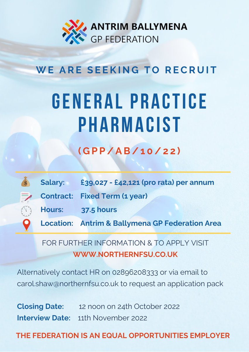 gp_northern's tweet photo. 💊General Practice Pharmacist 
🩺Antrim Ballymena GP Federation
📃Fixed Term (1 year)
⌛37.5 hours

General Practice Pharmacists (GPPs) work as an integral part of the multi-disciplinary general practice team.

👉Apply here https://t.co/IJhqkh6rJH 

#GPP #GPFederation https://t.co/rX1CeOsb8N