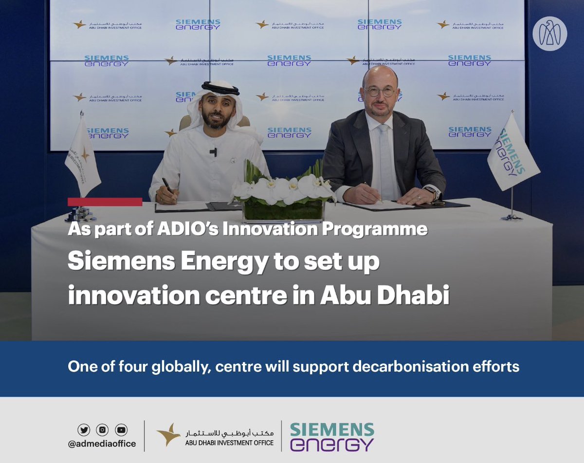 Unleashing the #MiddleEast #innovation power!⚡As 1 of 4 globally, this <a href="/Siemens_Energy/">Siemens Energy</a> Innovation Centre in Abu Dhabi, together with <a href="/InvestAbuDhabi/">Abu Dhabi Investment Office</a>, will leverage the emirate's strong industrial ecosystem and commercialize new technologies to accelerate #NetZero achievements.