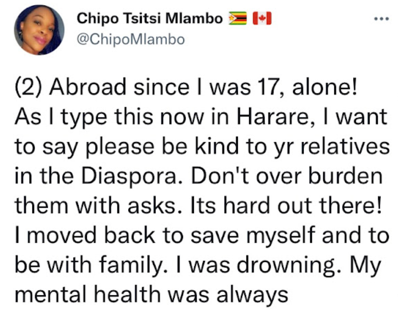 mhofela_mhofu's tweet photo. Diaspora people, tell us what you are going through out there. Don't be shy. We won't judge anyone.

Share in the thread👇 https://t.co/g4oVDVsyYd