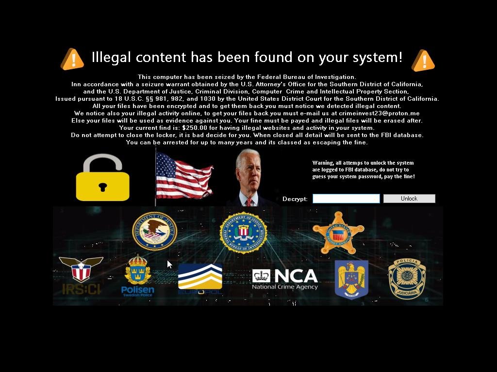 "Credit Card Frauder.exe": 819190f5d012d3267c1bc6294da9f50060316bb146aacbc61863094959e1afe7
"computer has been seized by the Federal Bureau of Investigation"
"We notice also your illegal activity online, to get your files back you must e-mail us at crimeinvest23@proton.me"
😂