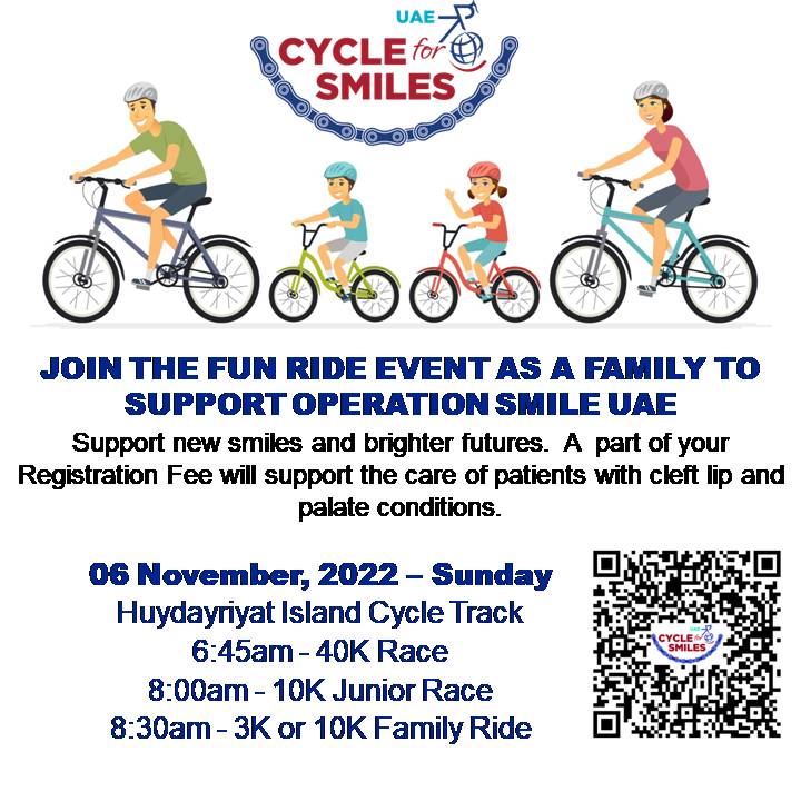OpsmileUAE's tweet photo. Celebrate 40 Years of @operationsmile with #cycleforsmiles! Proceeds will go towards caring for patients with #cleftlip &amp; #cleftpalate Sign up https://t.co/ePEXyLm5fe via @inphota #cycling #uae #abudhabi #charity #hudayriyat https://t.co/Q5YRlfdynh