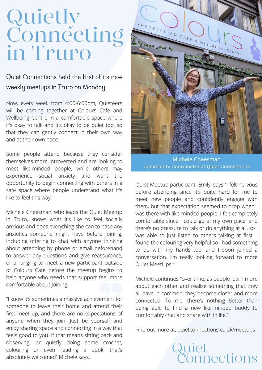 QuietConnection's tweet image. Bringing together people who consider themselves to be quieter in #Truro at @colourcafetruro 💙 
Joining other Quiet MeetUps in Falmouth, Helston, Redruth, Hayle, St Austell &amp;amp; Liskeard 🙌

#Cornwall @LiveTruro @welovetruro @DioTruro @TruroNubNews @TCwll @TruroBID @TruroBizWomen