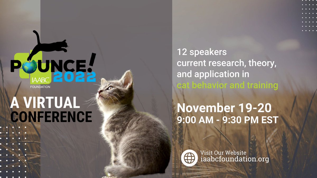 iaabc's tweet photo. Join us for POUNCE! A two-day virtual conference featuring 12 speakers presenting on their current research, theory, and application in cat behavior and training. #catbehavior #catsofinstagram #felinebehavior #continuingeducation https://t.co/MwVKZTtDFa https://t.co/pTDl7jvPoo