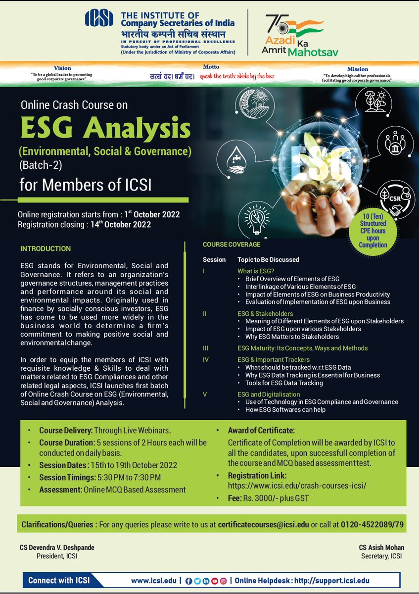 icsi_cs's tweet photo. Last Date to register for #ICSICrashCourse on #ESG Analysis is October 14, 2022. #RegisterNow @ https://t.co/skhSOozy3K @AmritMahotsav https://t.co/yuyHpatOrd
