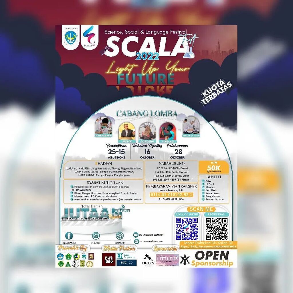 EventBwi's tweet image. Assalamualaikum adek adek dan seluruh warga banyuwangi

Kami dari Siswa SMA DARUSSALAM Blokagung BWI
Mengadakan Olimpiade Se Kabupaten Banyuwangi Tingkat SMP/MTs sederajat. 

SCALA FEST#2 
Science, Social, and Language Festival 2022

Cabang perlombaan
- … instagr.am/p/Cjj55e3LKtD/