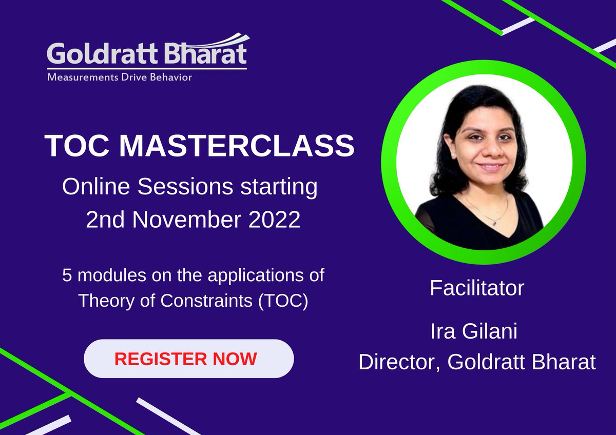 Goldratt Bharat's TOC Masterclass is a virtual training program on the basics of TOC and its applications to Indian businesses. The sessions are highly interactive with actionable insights and practical tips for all participants. Learn more: lnkd.in/dnbpTJrH