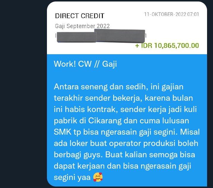 worksfess's tweet photo. Work! CW // Gaji

Hasil lembur tiap hari dan ga pernah ngerasain weekend, hamdallah masih diberi kesehatan. Buat kalian semoga bisa cepet keterima kerja dan kelak bisa ngerasain gaji segini ya 🥰 https://t.co/efqPPMh3AH