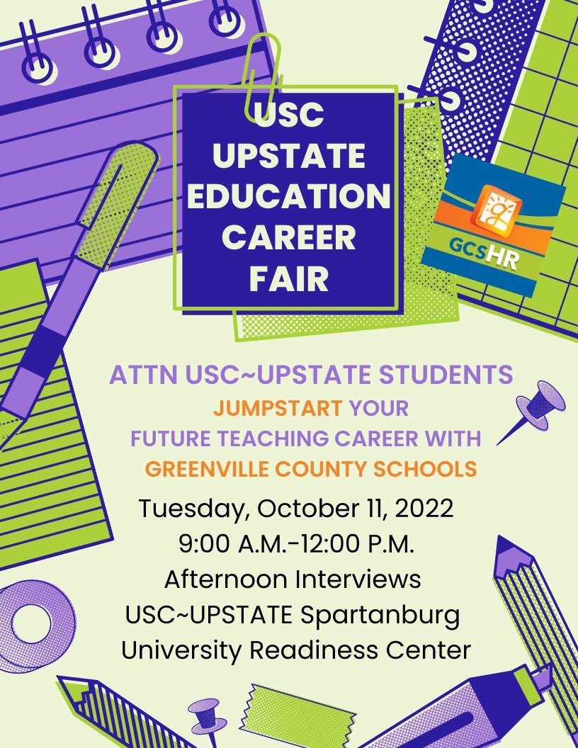 Greenville County Schools Recruitment Team will join "Sparty" and the University of South Carolina Upstate Spartans today, October 11, 2022, from 9:00 A.M.-until.  
We look forward to meeting all Clinical 1 and Clinical 2 students as well as current student teachers #teachgcs