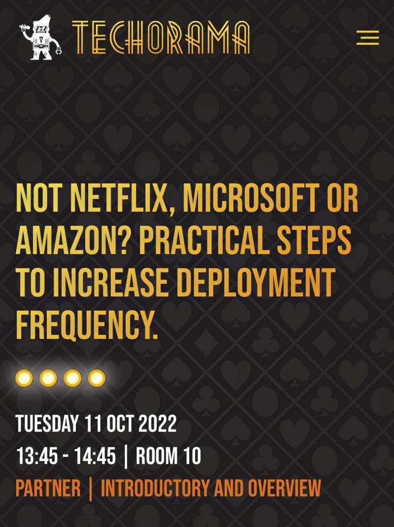 DeltaNBV's tweet photo. Are you looking for practical steps to increase deployment frequency starting tomorrow? Join @groennom today @TechoramaNL 13:45 - 14:45 Room 10
#techorama #devops https://t.co/tN8Q7qFS7d