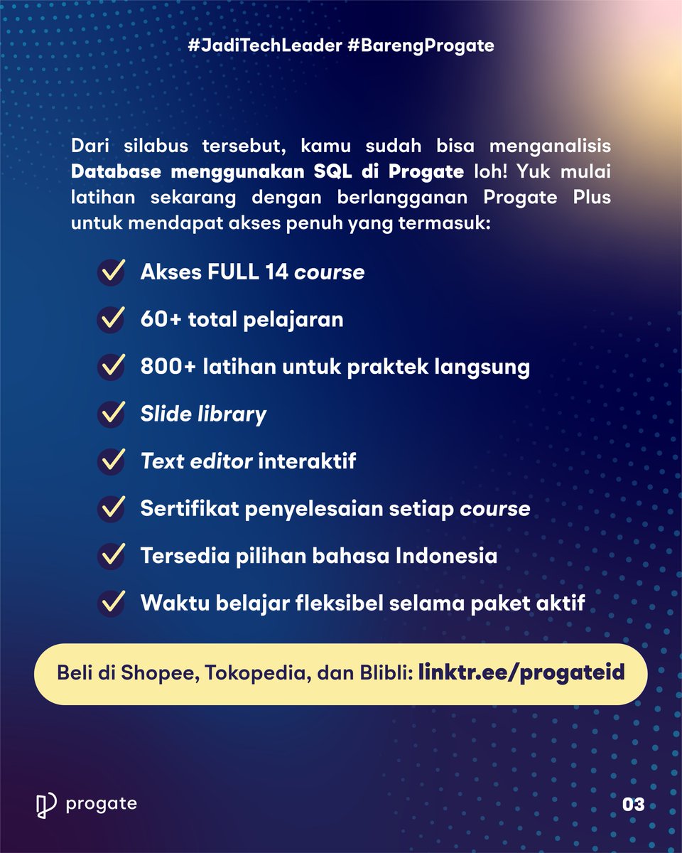 readysetcodeid's tweet photo. Buat kalian yang bingung belajar SQL mulai dari mana, MinKen kasih bocoran silabus belajar SQL nih!

Check out Progate Plus sekarang untuk dapat akses full ke semua pelajaran, termasuk SQL!

Beli di: https://t.co/dICYjSN33L

#progateplus #jaditechleader #barengprogate https://t.co/N5IRGVFXaQ