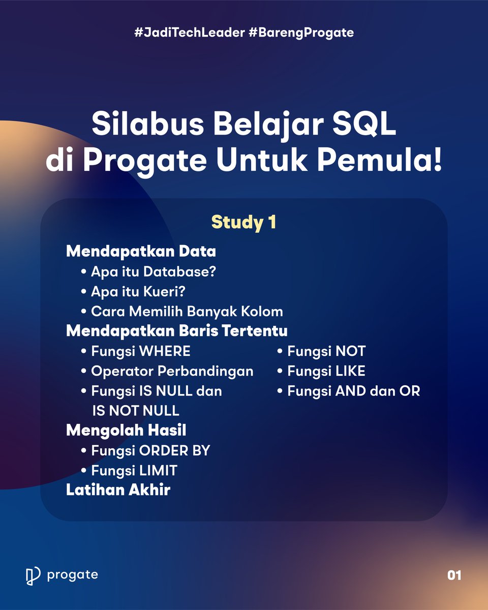 readysetcodeid's tweet photo. Buat kalian yang bingung belajar SQL mulai dari mana, MinKen kasih bocoran silabus belajar SQL nih!

Check out Progate Plus sekarang untuk dapat akses full ke semua pelajaran, termasuk SQL!

Beli di: https://t.co/dICYjSN33L

#progateplus #jaditechleader #barengprogate https://t.co/N5IRGVFXaQ