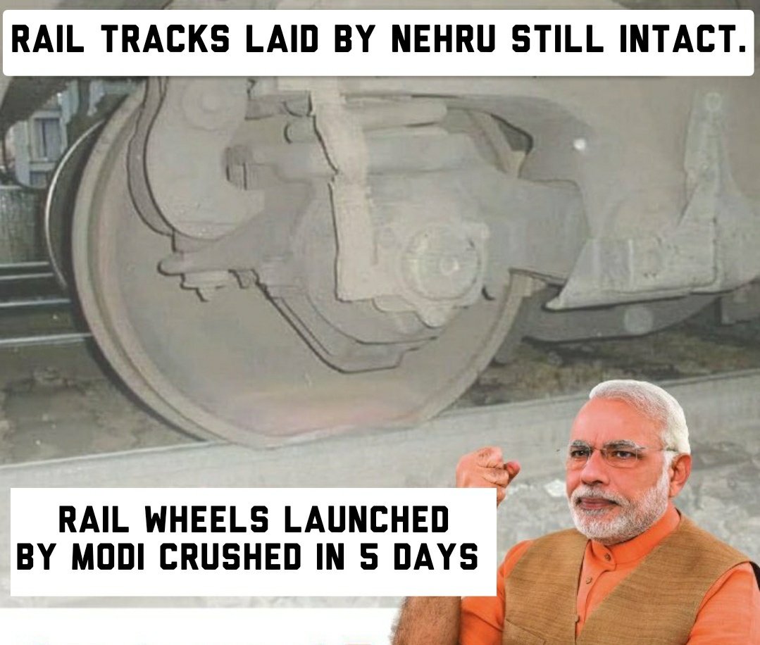 SpiritOfCongres's tweet photo. Railway tracks laid by Nehru ji 70 years ago still intact.

Rail wheels launched by Modi 5 days ago crushed. https://t.co/HlEun7I7O0