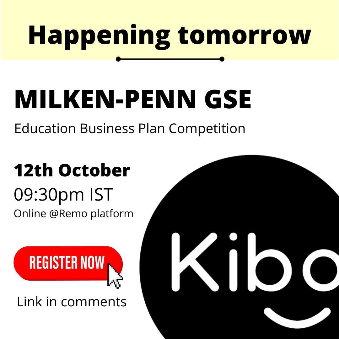 We’re excited to compete in the 2022 #MilkenPennGSE Finals on October 12 @ 09:30pm IST! Register now to see our pitch + Q&amp;A with the judges and vote live for the Audience Choice Prize winner.

Registration link in comments.

#startups #education #businessplan