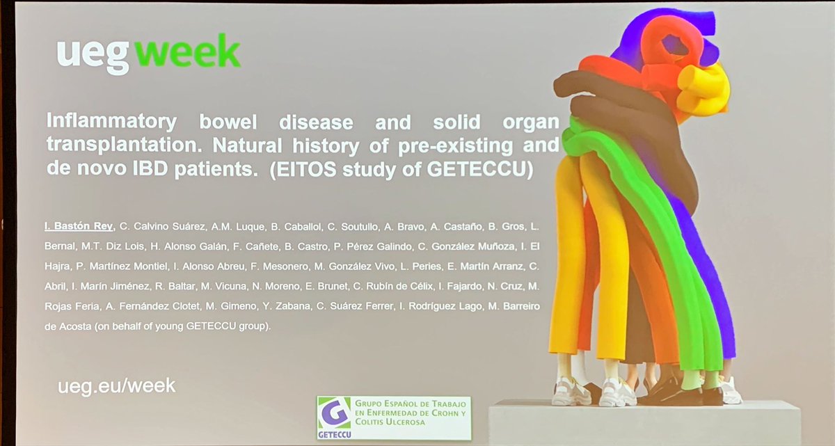 manu_barreiro's tweet photo. Oral presentation in @my_ueg of @IriaBaston from @gastrochus presenting an amaizing research from young @geteccu “EITOS study. IBD in solid organ transplantation” Very proud of Iri 
Thanks to the 31 Hospitals colaborators
Soon we will have the paper! #SomosGETECCU https://t.co/EtAvNsyYn2
