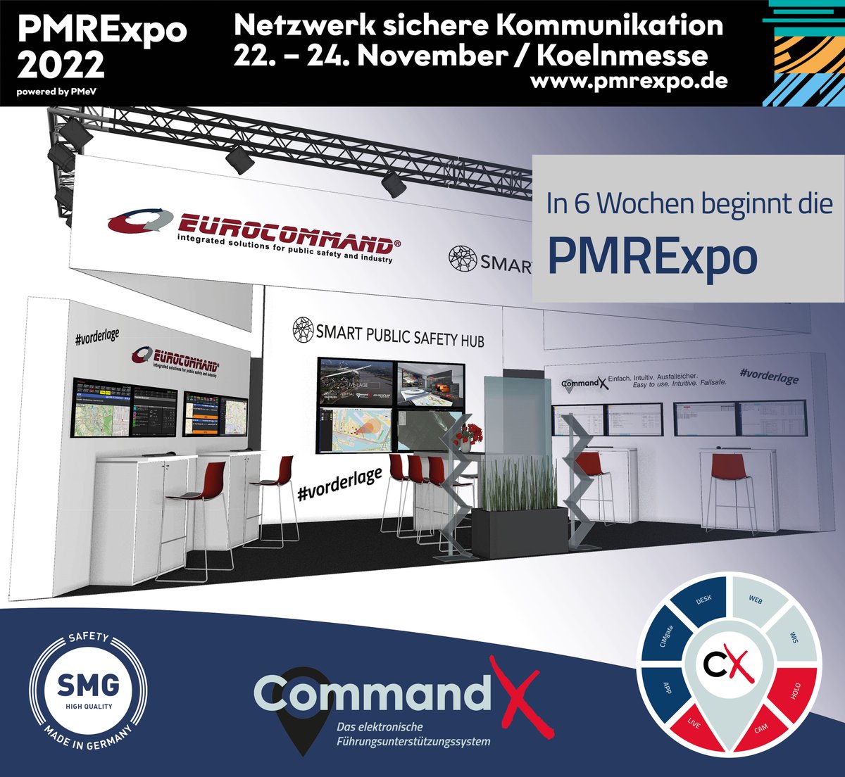 EurocommandGmbH's tweet photo. Noch 6 Wochen bis zur @PMR_Expo 2022 in #Köln. Auch wir sind dabei. Kommt zu uns an den Stand und erlebt das neue, schnellere und bessere CommandX in der 5. Generation.
#eurocommand #commandx #cx5 #führungsunterstützung #katastrophenschutz #bevölkerungsschutz #vorderlage #PMRExpo https://t.co/0KDm9XTgrQ