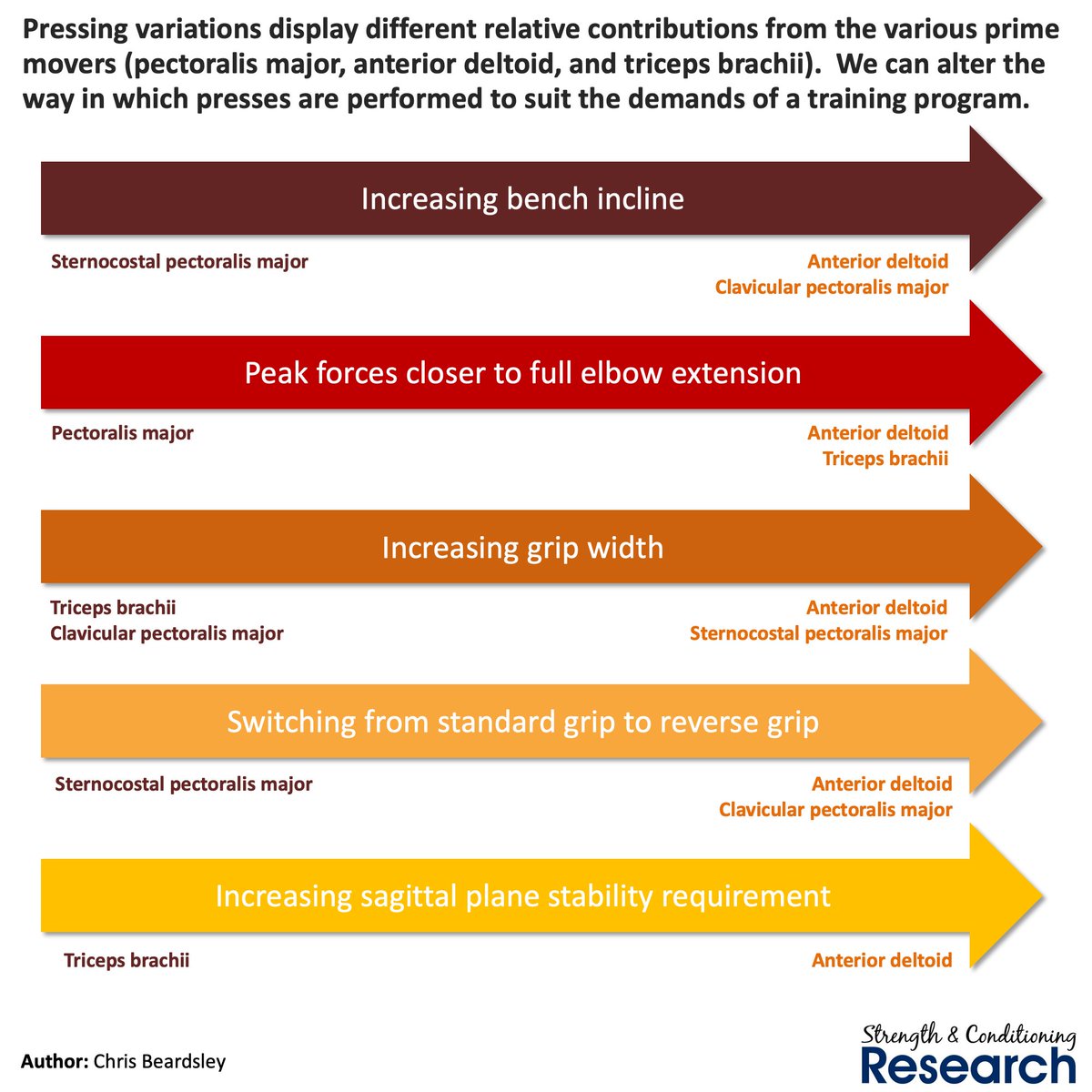 SandCResearch's tweet photo. We can use different pressing exercise variations to target different prime movers (pectoralis major, anterior deltoid, and triceps brachii) and their individual regions. https://t.co/qlq8KdcMOW