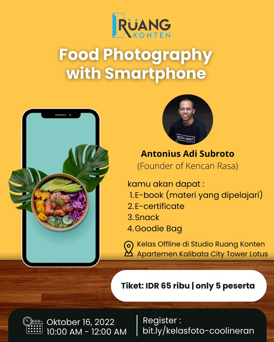 sobatmagang_id's tweet photo. Join kelas ini untuk mempelajari berbagai keterampilan & teknik Food Photography
Registrasi:
https://t.co/5KlZkAEIi9
#weekendngapain #kelasfoto #magangid #kelasproduktif #foodphotography #kelasfotoproduk #infojkt #foodphotographyclass #kelasweekend #kelasfotokuliner #jaksel https://t.co/tGLK4wPGXK
