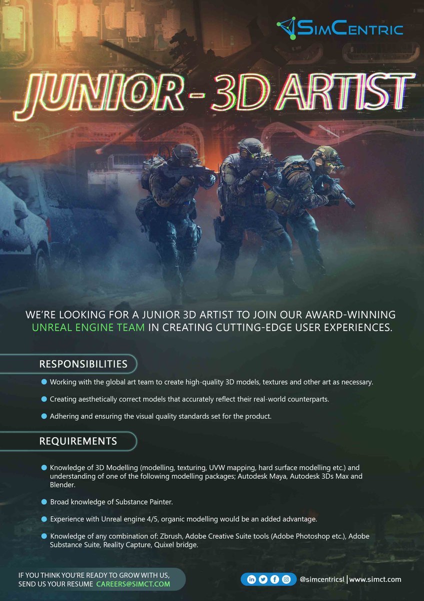 simcentricsl's tweet photo. Your Future Begins Here!
We are looking for creative 3D artists to join our award-winning Unreal Engine team to creating cutting-edge user experiences.
Send us your resume to careers@simct.com
#simcentricsl #unrealengine #3dmax #maya #autodesk #epicgames #futurereadygames https://t.co/kcCaj5utpc