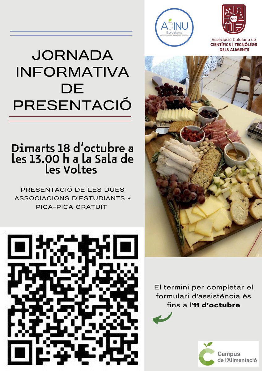 AssociacioCTA's tweet photo. 🎓 Ets estudiant del primer curs del grau de #CTA al Campus @AlimentacioUB? 🍏🔬 Vine a conèixer l'@AssociacioCTA el proper dimarts 18 d'octubre al migdia. T'esperem! 🙌🏼

🔗 https://t.co/x2L3N4HNiW https://t.co/2IubPUq2aV