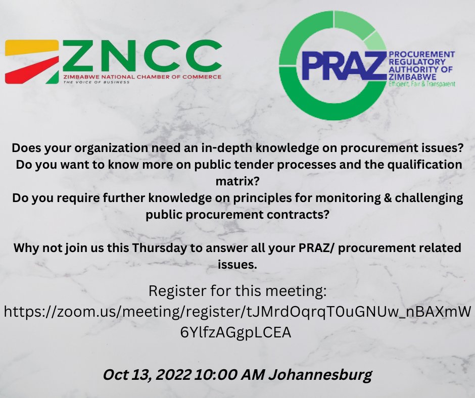 ZNCCNational's tweet photo. The Zimbabwe National Chamber of Commerce (ZNCC) has engaged the Procurement Regulatory Authority (PRAZ) to discuss some of the procurement issues being faced by business. Do not miss out this Thursday!
Register for this meeting:
https://t.co/IpIxGYcUNw 
#TheVoiceOfBusiness
#PRAZ https://t.co/fecitqyZ3a
