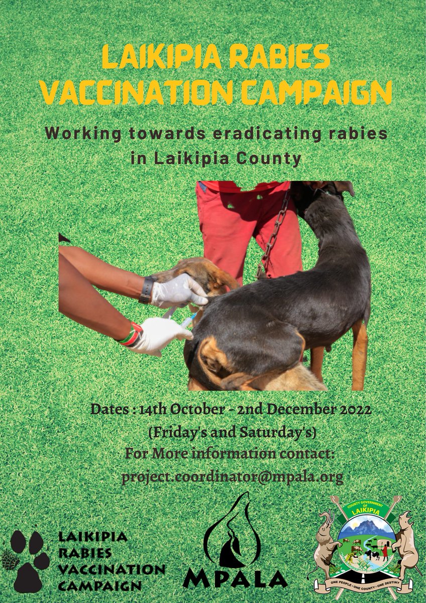 MpalaWildDogs's tweet photo. #LRVC2022 set to begin this week in Laikipia North. Free vaccination will be offered. Let us turn out in large numbers and work towards eradicating rabies in #Laikipia county.
#rabieseradication
#OneHealth
#freevaccination
#rabies
@LaikipiaCountyG @mpala_rc @mpalalive https://t.co/7VRsiOB9pj