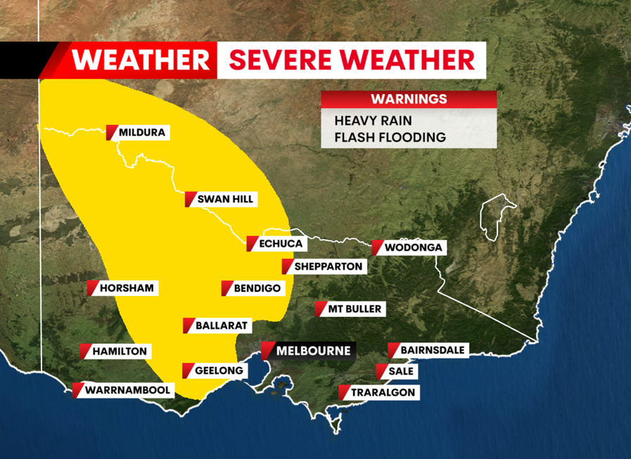 Warning for flash flooding (rather than river flooding).
Risk of sudden increases in water in any of the yellow areas (not just near rivers) later Wednesday and on Thursday. This includes Geelong on Thursday.
The warning may spread to Melbourne on Thursday night.
<a href="/7NewsMelbourne/">7NEWS Melbourne</a>