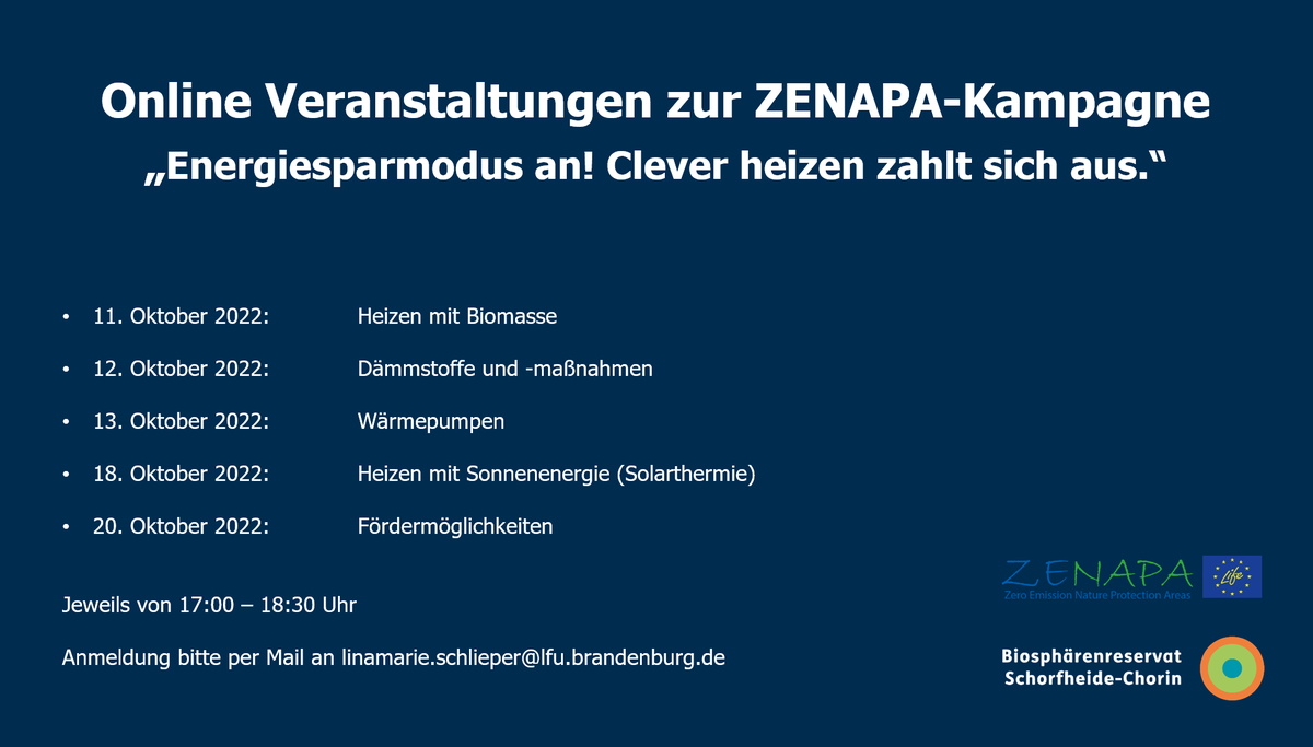 ZENAPAlife's tweet image. Kampagne „#Energiesparmodus an! Clever #heizen zahlt sich aus.“ seit Mitte September UNESCO-#Biosphärenreservat_SchorfheideChorin 

Nach Auftaktveranstaltungen nun Online-Seminare zu unterschiedlichen Themen.

Noch heute anmelden: linamarie.schlieper@lfu.brandenburg.de

#LfU