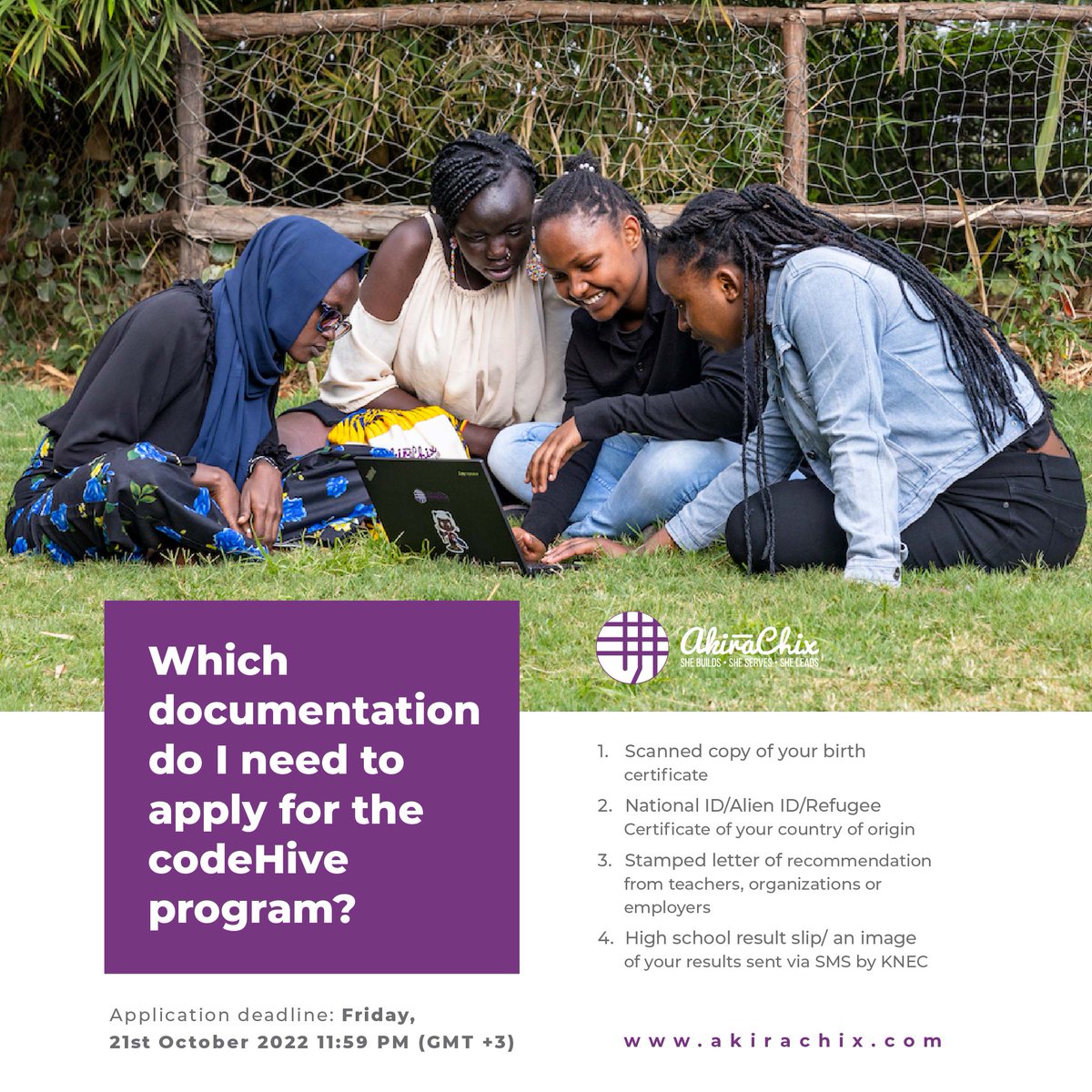 akirachix's tweet photo. Ensure you have these key documents before you apply for the #codeHiveClassOf2023. Visit https://t.co/oc9R1WzB7x for comprehensive details on the eligibility criteria and application process.
Application deadline: Friday, 21st October
#IAMAKIRACHIX #DontJustDreamMakeTheMove https://t.co/lYBI8ZEyra