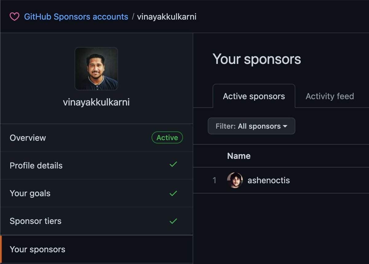 _vinayak_k's tweet image. Got my first sponsor! Thanks a zillion @ashenoctis 

This gives me huge hope and extreme motivation in moving towards the ultimate goal of moving full time on Open Source Software!

One step at a time❤️