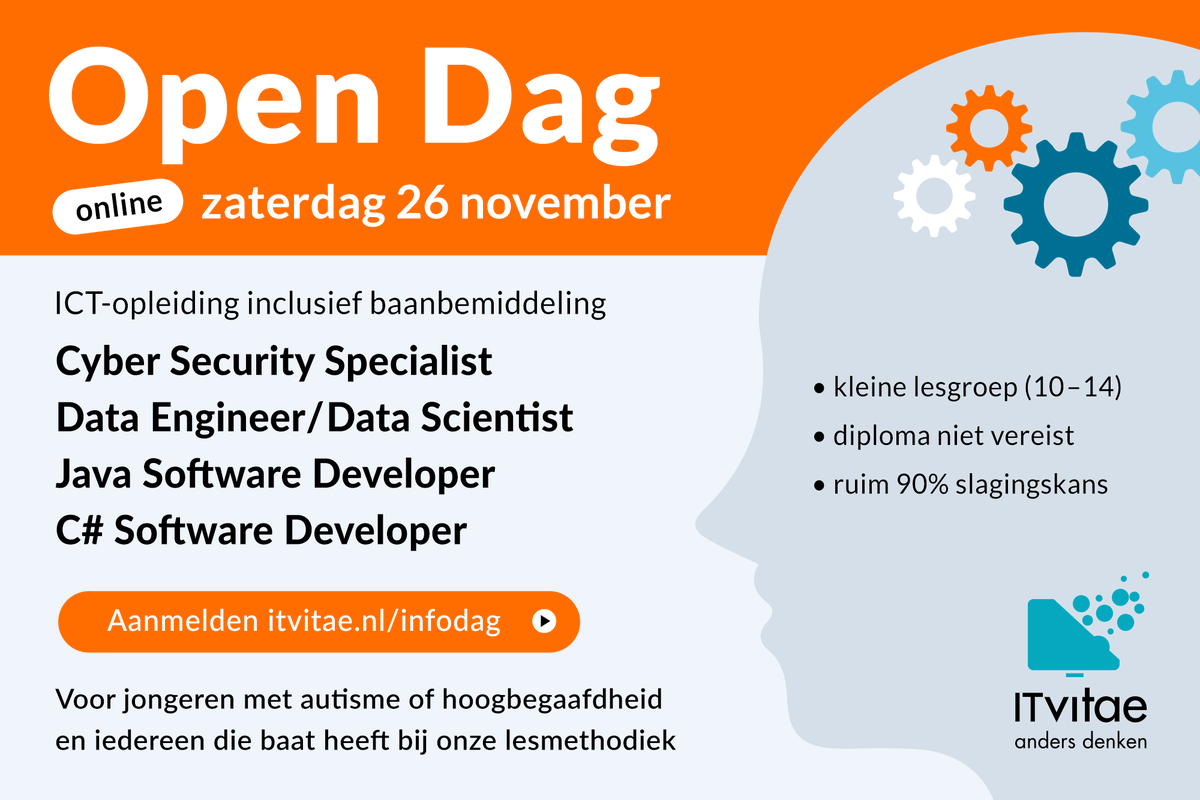 Uitgevallen in het reguliere onderwijs? ITvitae biedt perspectief met ICT-opleidingen inclusief baanbemiddeling! Maak kennis met ITvitae en meld je aan voor de online Open Dag op zaterdag 26 november. itvitae.nl/infodag
#autisme #hoogbegaafd #studiebegeleider #ict #opleiding