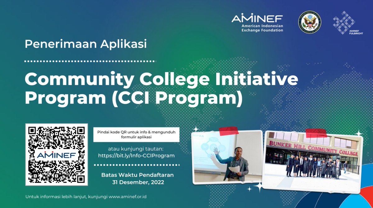 FulbrightID's tweet photo. Program Community College Initiative (#CCIProgram) kembali menerima aplikasi dari warga ๐ฎ๐ฉ hingga 31 Desember, 2022.
Informasi lengkap & formulir aplikasi tersedia di https://t.co/HmxFxQTLEX atau pindai kode QR yang tersedia grafis. https://t.co/JpYwkkUXTf