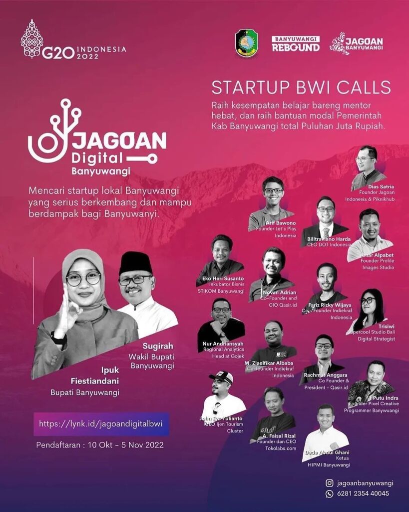 EventBwi's tweet image. From @ipukfdani Jagoan Digital Banyuwangi is Coming! Program inkubasi dunia digital persembahan Pemkab Banyuwangi. 

Ingin tahu bagaimana cara membangun startup agar sukses? Penasaran bagaimana cara menyusun model bisnis yg tepat? Dan bagaimana berjejari… instagr.am/p/CjkGhd4LuBR/