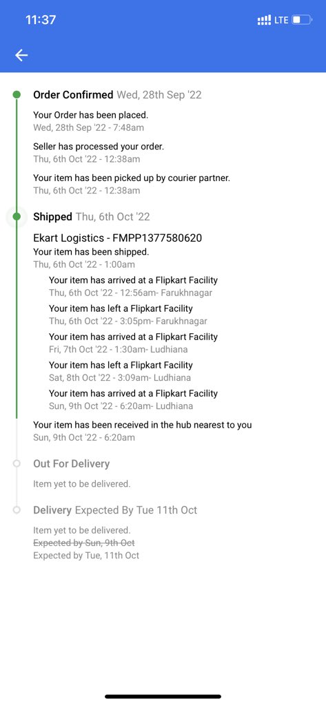 palluob's tweet photo. Order was placed on 28 sep delivery scheduled for 9th oct and delayed even aftr the prod is at the location and i dnt think so they will even deliver today and when you tag them they the bot will rply on the tweet after that nthn else 
@Flipkart #flipkartscam #BIGBILLIONDAYSCAM https://t.co/t0kNcf8NMu