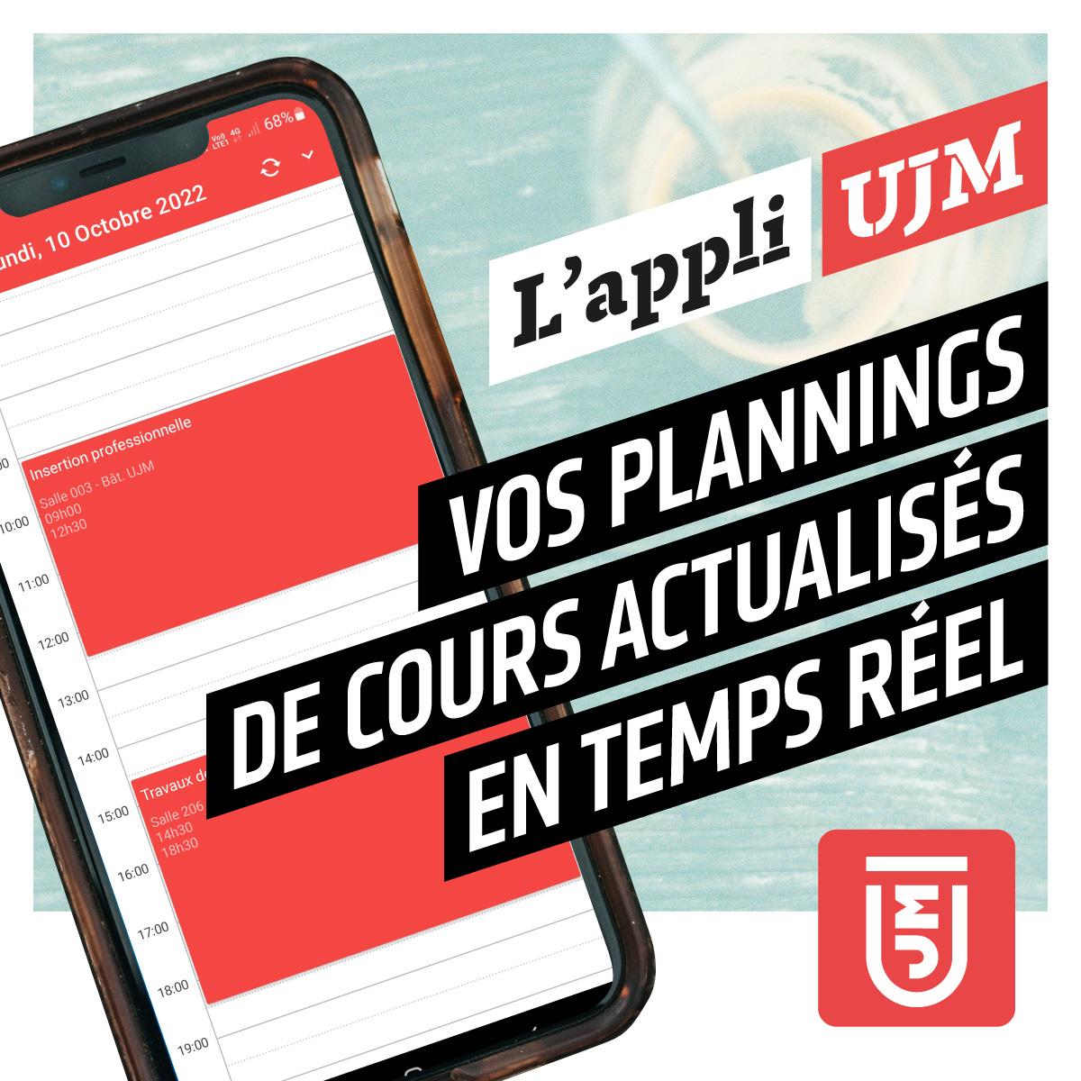 Univ_St_Etienne's tweet photo. Je prends mon café, je consulte mon planning de cours actualisé en temps réel.  #appliUJM #planningdecours https://t.co/vz8kXcESkJ