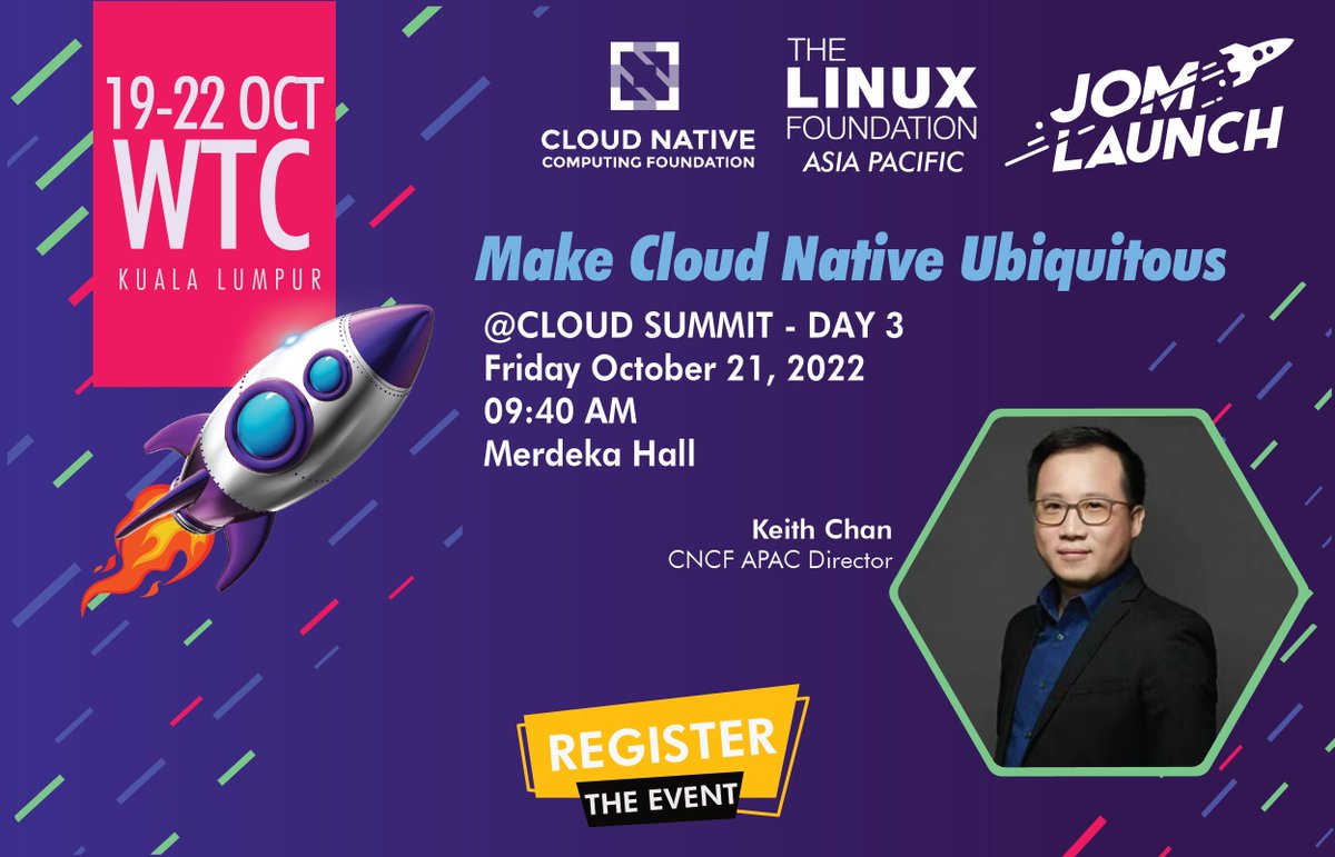ApacLinux's tweet image. Keith Chan, CNCF APAC Director is going to share with you how to MAKE CLOUD NATIVE EVERYWHERE! 
See you in JOMLAUNCH 2022, Kuala Lumpur, Malaysia (@ Cloud Summit on Oct 21)
To register, please visit: jomlaunch.my/ticket/