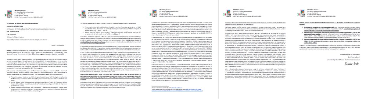 MCAA Italy Chapter (@mcaa_italy) on Twitter photo The letter that MCAAIC wrote to the <a href="/mur_gov_/">Ministero dell'Università e della Ricerca</a> to provide some suggestions about the "Avviso pubblico n.247" and here the amendment released a few days ago
mur.gov.it/it/atti-e-norm…
#ricercainitalia #bandiricerca <a href="/Mariecurie_alum/">Marie Curie Alumni Association (MCAA)</a> The letter that MCAAIC wrote to the <a href="/mur_gov_/">Ministero dell'Università e della Ricerca</a> to provide some suggestions about the "Avviso pubblico n.247" and here the amendment released a few days ago
mur.gov.it/it/atti-e-norm…
#ricercainitalia #bandiricerca <a href="/Mariecurie_alum/">Marie Curie Alumni Association (MCAA)</a>