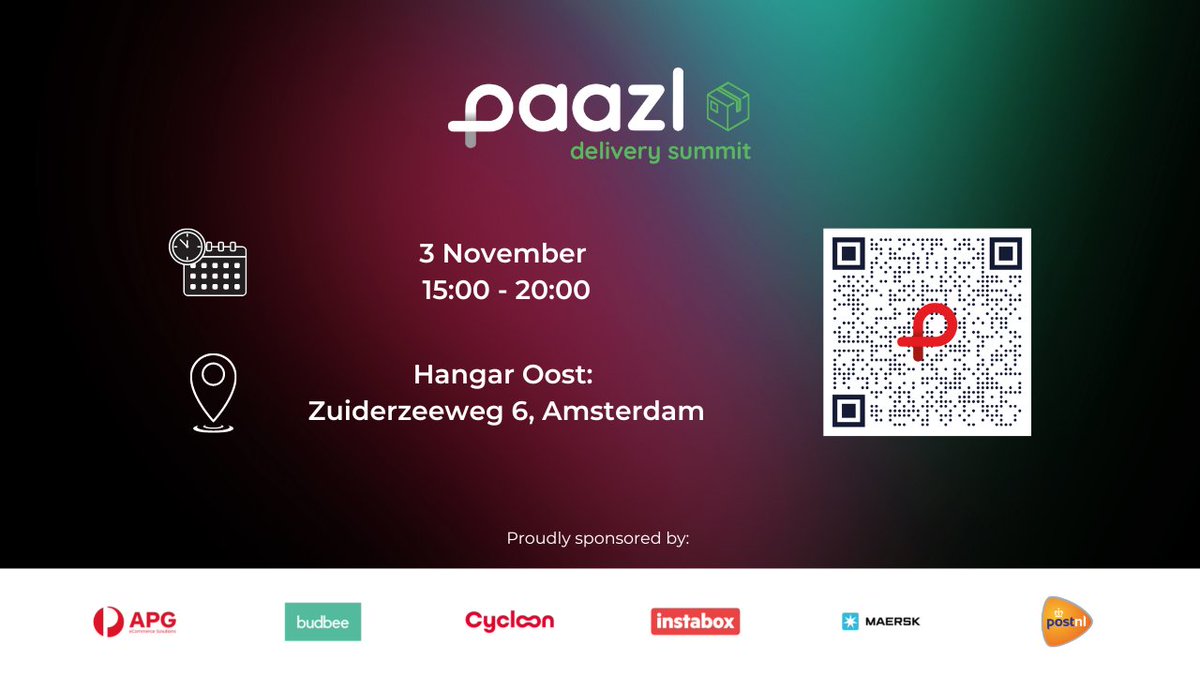 Paazl's tweet photo. The Paazl Delivery Summit 2022 takes place on Thursday 3 November 2022 in Amsterdam! Are you interested in joining us? Register by scanning the QR code, or by visiting:  https://t.co/m0hKVc4hBj https://t.co/4u3k0Fvgbo