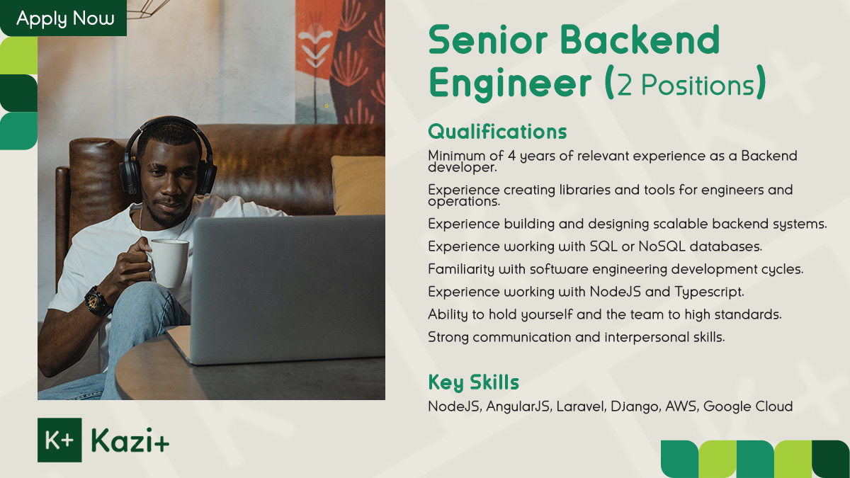 kaziplus_'s tweet photo. We are looking for #backendengineers able to uphold the client's high engineering standards and bring consistency to codebases, infrastructure & other processes
Apply > https://t.co/3HjDZ4uW85
#programming #NodeJS #javascript #IkoKaziKE #JobAlert #Django #Laravel #AWS #Techjobs https://t.co/1KoLDJG475