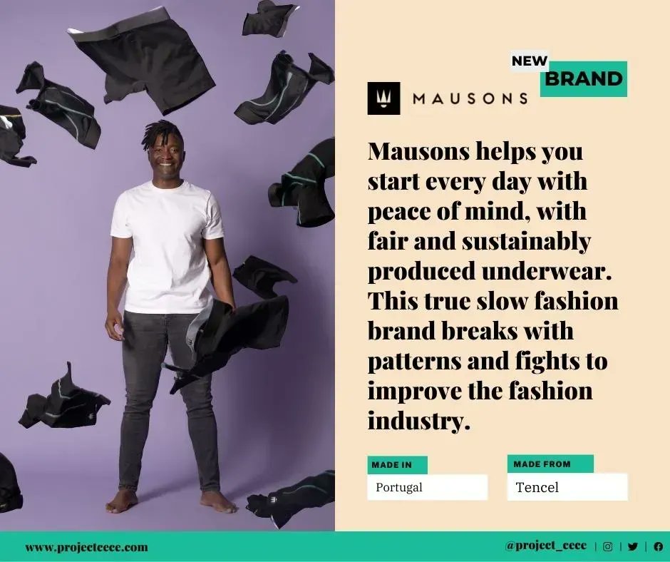 Project_Cece's tweet image. ✨ New: Mausons ✨ 
Mausons helps you start every day with peace of mind, with fair and sustainably produced underwear.  
🌱 Made from Tencel and recycled polyester.
🤝 Ethically made in Portugal.
❤️ Vegan.
cece.eco/mausons