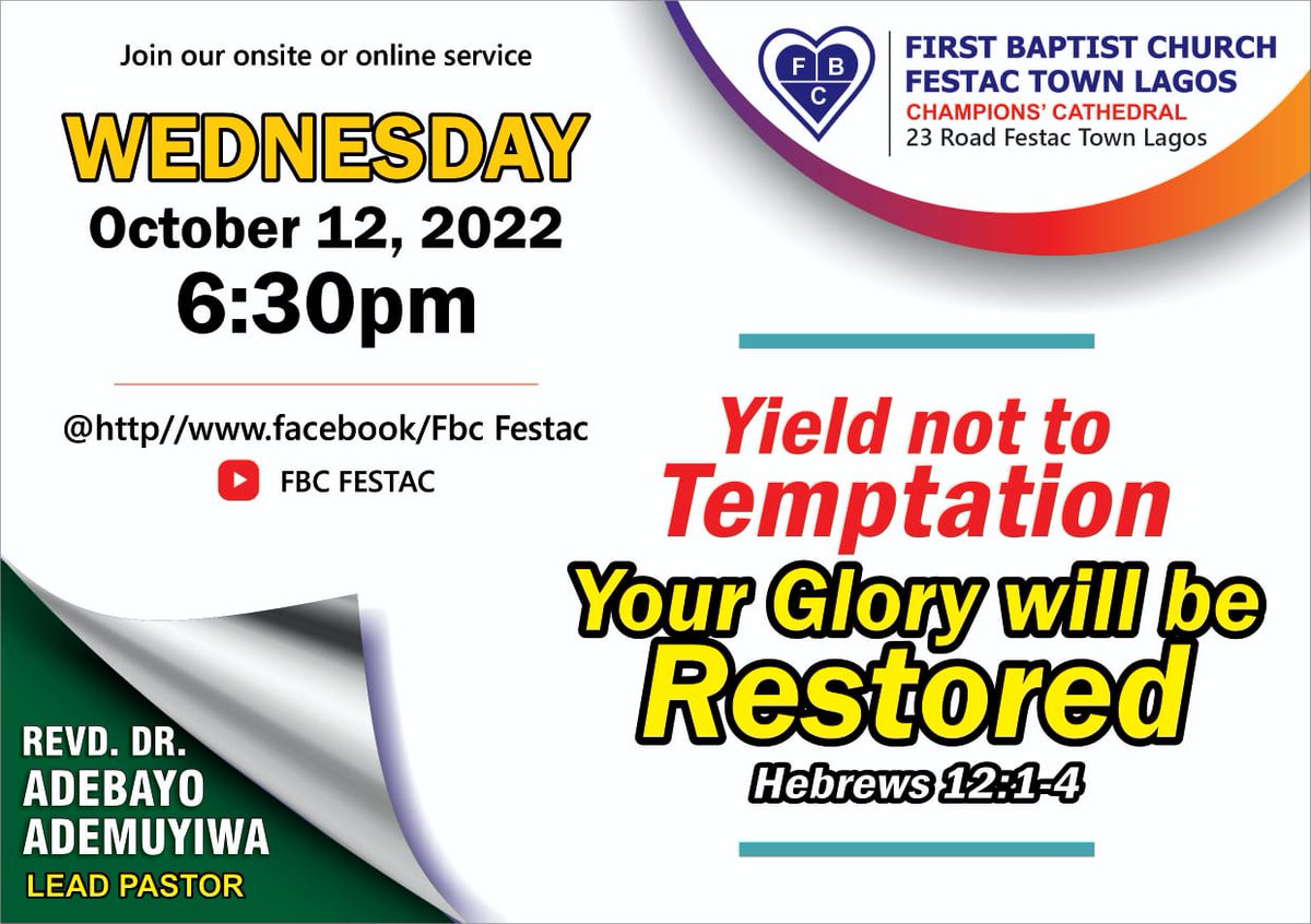 fbcfestaclagos's tweet photo. “Yield not to temptation,
For yielding is sin;
Each vict’ry will help you,
Some other to win;
Fight valiantly onward,
Evil passions subdue;
Look ever to Jesus,
He will carry you through." https://t.co/arQS61ELrc