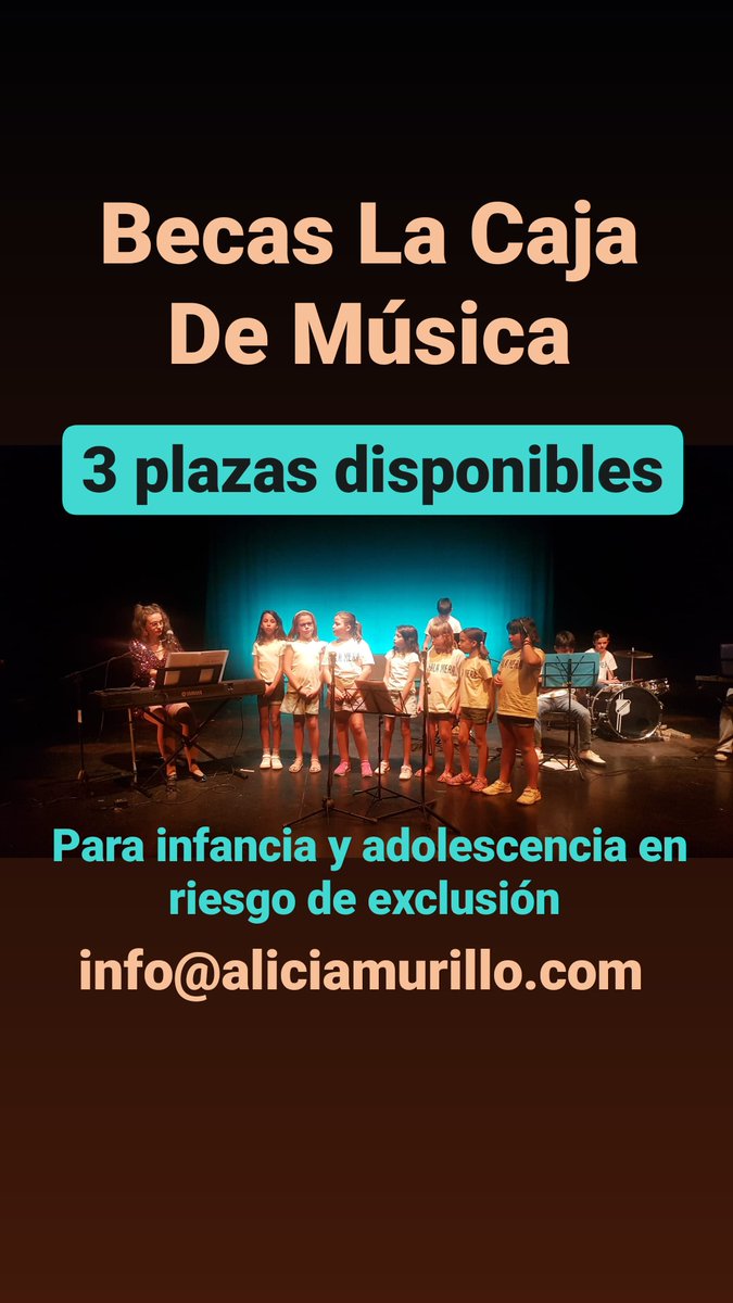 #Sevilla: 3 plazas disponibles en #becasLaCajaDeMúsica. 
Son estudios musicales gratuitos para #infancia y #adolescencia en #riesgodeexclusiónsocial
📩 info@aliciamurillo.com para más información.
#extraescolaresensevilla #educaciónmusical #becas #Triana #losremedios #SalaMera