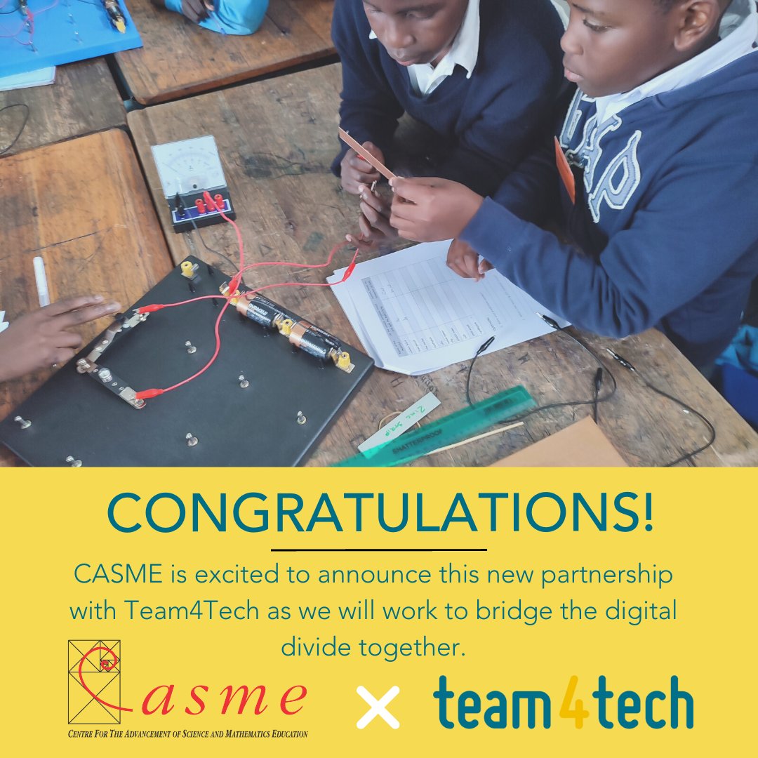 CASMEZA's tweet image. CASME is ecstatic about the partnership with @team4tech to create digital
learning experiences to empower South Africa&apos;s youth. #edtech #team4tech #tech4good #stem