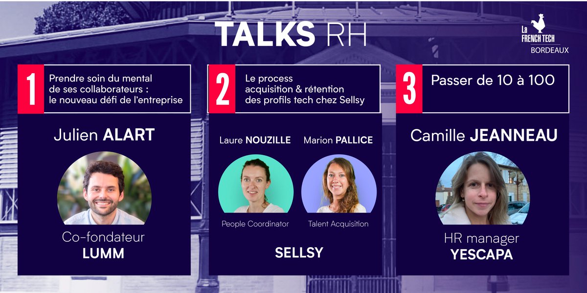 On se voit demain à l'afterwork de <a href="/FrenchTechBdx/">French Tech Bordeaux</a> ?
En intro, 3 talks autour des RH avec <a href="/julienalart/">Julien Alart</a> de @lumm_io Laure Nouzille et Marion Pallice de <a href="/sellsy_app/">Sellsy</a> et Camille Jeanneau de <a href="/Yescapa/">Yescapa</a> qui viendront partager leur expérience