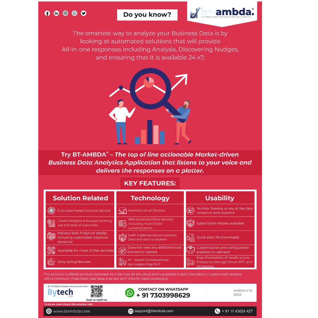 bt_ambda's tweet image. Try BT-AMBDA® The smartest way to analyze your business data...
Get More Information about bt-ambda click the link- btambda.com
Stay connected with bt-ambda page
@bytechindia Bt-ambda  
#dataanalyst #dataanalyze #data #businessdata #nudges #technology #btambda