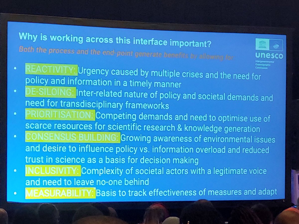 6 key reasons to prioritise working accross the science-policy-society interface. We need to consider the relevance &amp; applications of research for policy &amp; society in the planning phase, not just after its done.
#WIOMSA2022 
#OceanDecade -The science we need for the ocean we want
