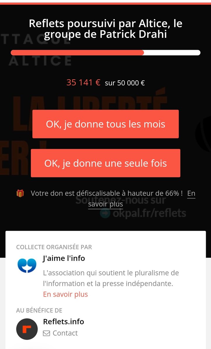 reflets.info (@_reflets_) on Twitter photo Merci ! Vous êtes déjà 687 contributeurs à soutenir <a href="/_reflets_/">reflets.info</a> pour faire face aux procès bâillon qui menacent <a href="/_reflets_/">reflets.info</a>
Nous venons de dépasser les 35.000€ collectés, soit 70% de notre besoin. On ne lâche rien ! On compte sur vous. Informer n'est pas un délit ! Merci ! Vous êtes déjà 687 contributeurs à soutenir <a href="/_reflets_/">reflets.info</a> pour faire face aux procès bâillon qui menacent <a href="/_reflets_/">reflets.info</a>
Nous venons de dépasser les 35.000€ collectés, soit 70% de notre besoin. On ne lâche rien ! On compte sur vous. Informer n'est pas un délit !
